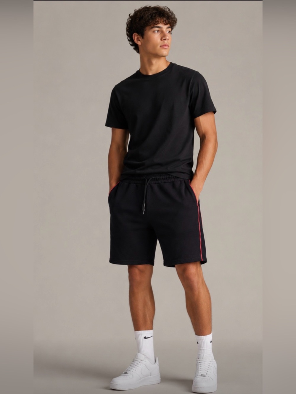 Marc Ecko Black Drawstring Shorts with Red Side Stripe